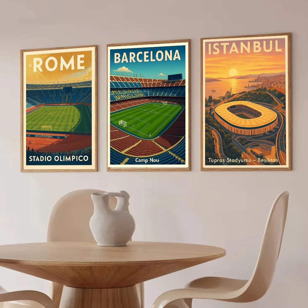 Three framed canvas prints depicting famous football stadiums: Rome, Barcelona, and Istanbul.