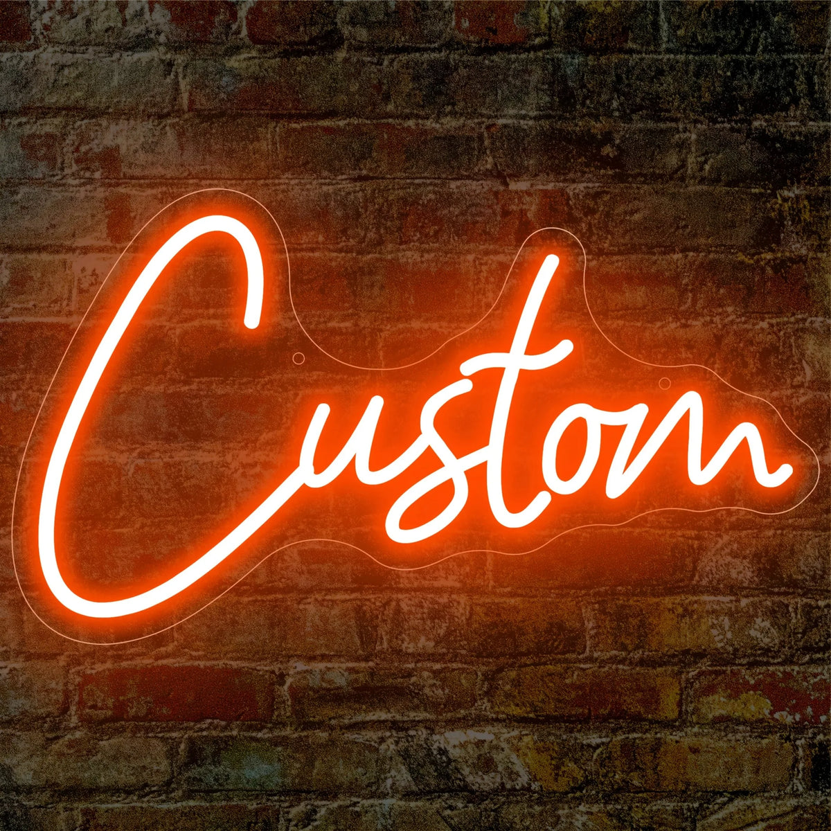 An orange neon sign spelling the word Custom is mounted on a brick wall.