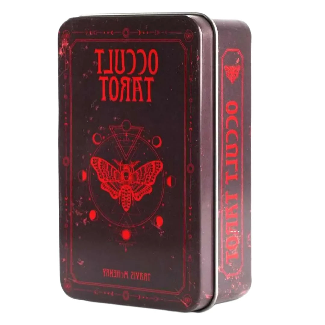 A vintage art tarot oracle card deck in a dark red tin box featuring a stylized bat design and text.