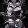 A vertical collage of multiple intense, glowing eyes belonging to demons from the Demon Slayer anime series.
