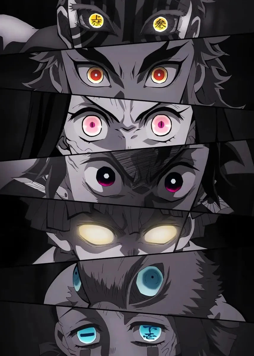 A vertical collage of multiple intense, glowing eyes belonging to demons from the Demon Slayer anime series.