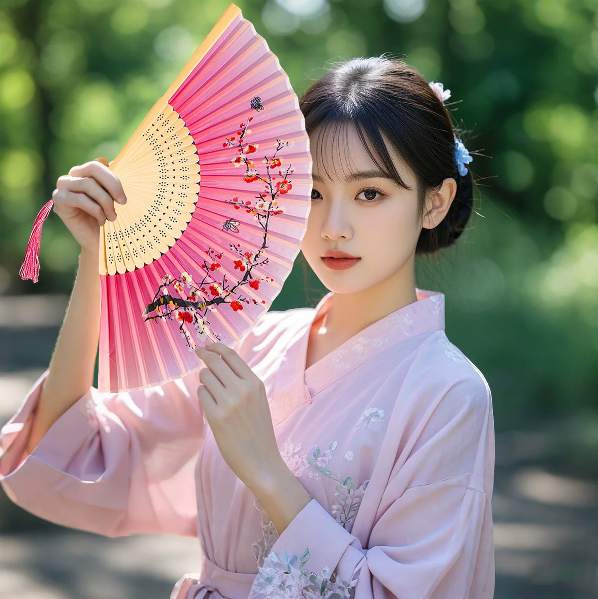 A young woman in a pink silk garment holds an open pink folding hand fan decorated with red flowers.