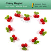 Un set de 10 pequeños imanes de cereza rojos hechos de resina con hojas verdes.
