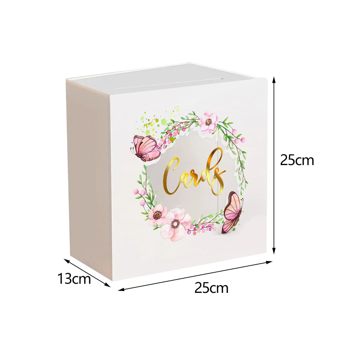 A rectangular white acrylic gift box with a floral and butterfly design, shown from the side.