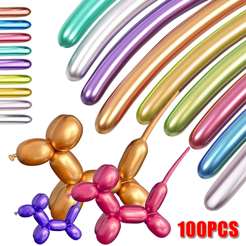 A set of 100 glossy latex modeling balloons in various colors and shades for party decoration