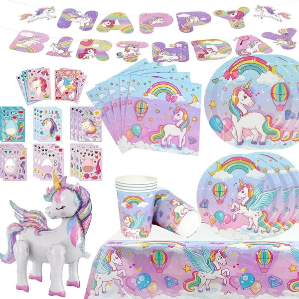 A colorful set of unicorn themed birthday party supplies including plates, napkins, and decorations.