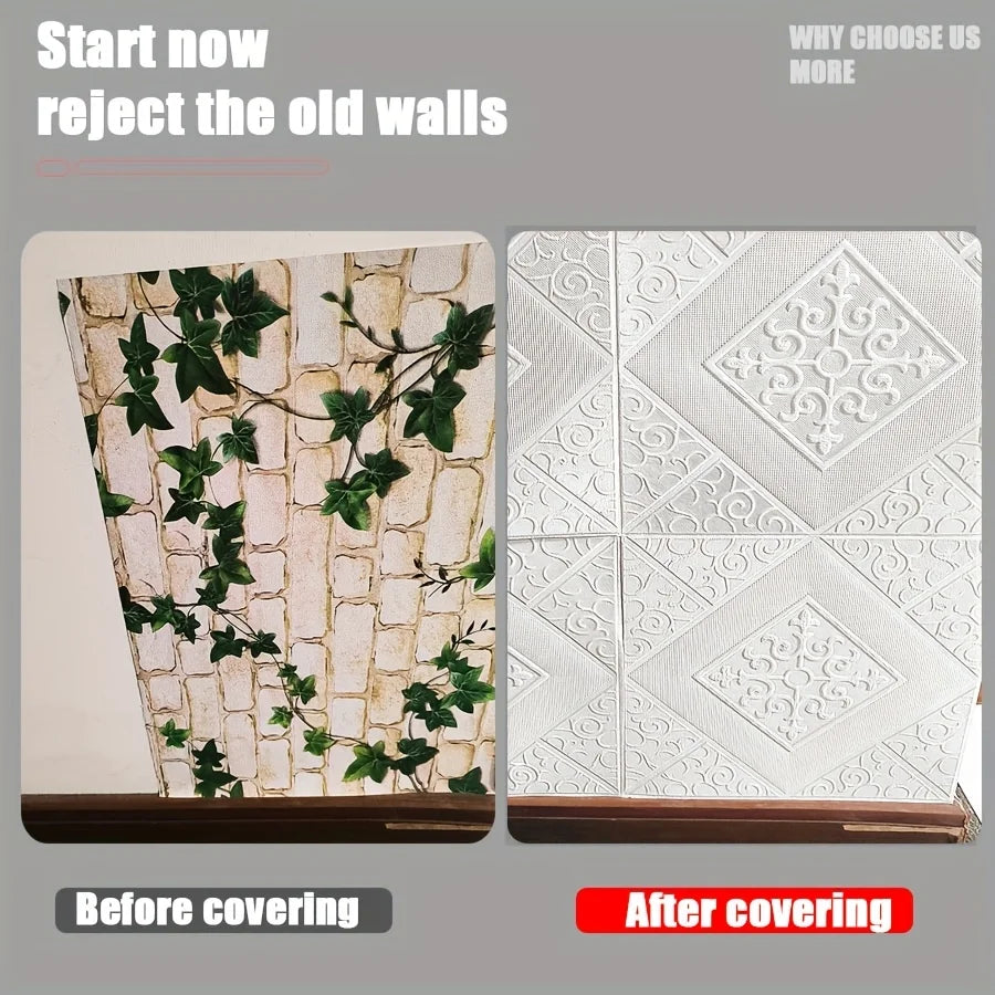 Before and after comparison of 3D brick pattern self-adhesive wall panels showing a textured surface covered with decorative 