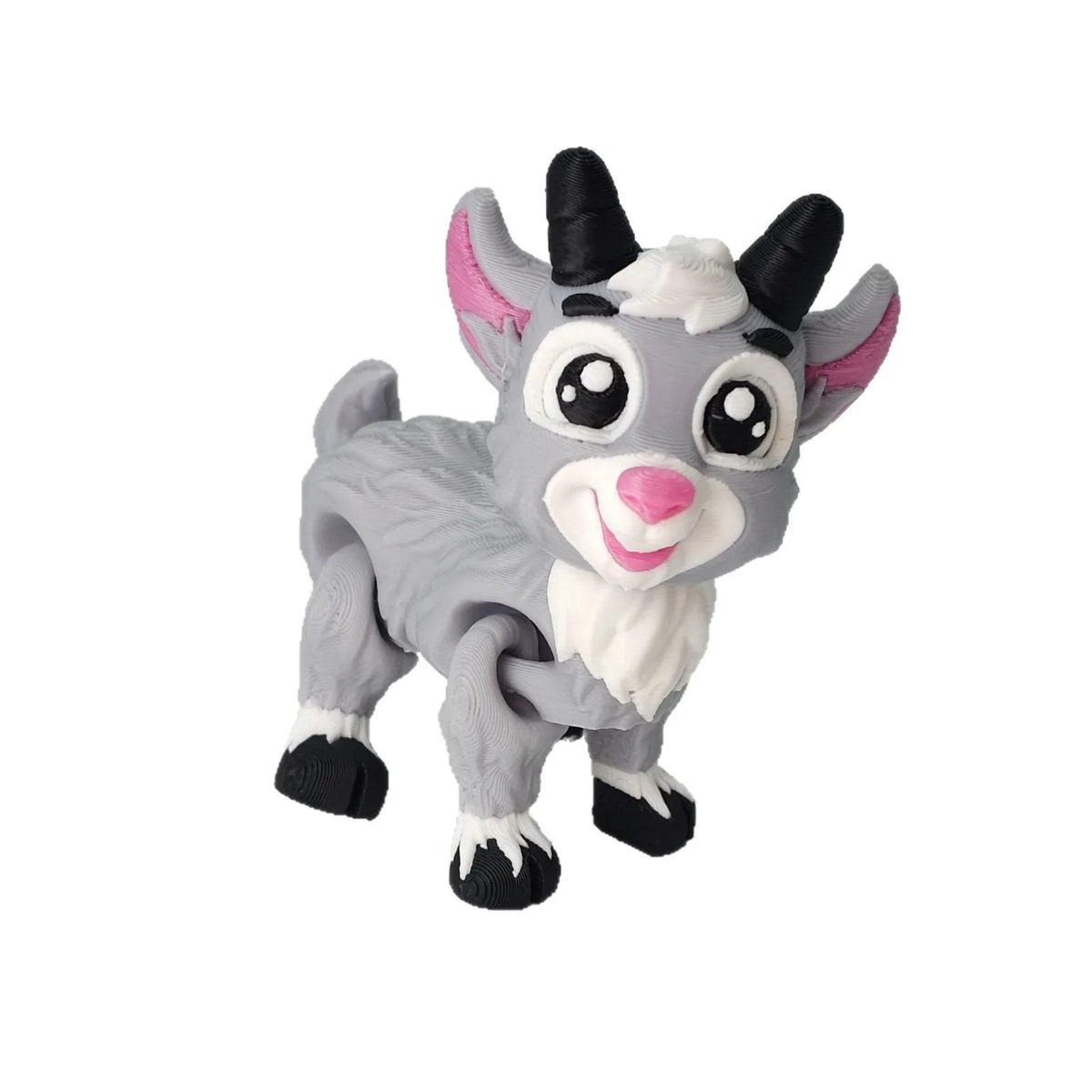 A gray 3D printed goat figurine with pink accents and movable joints.