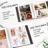 A photo album showing pages designed to hold multiple photos, with size specifications for 11x10.6 inch and 13x12.8 inch albu