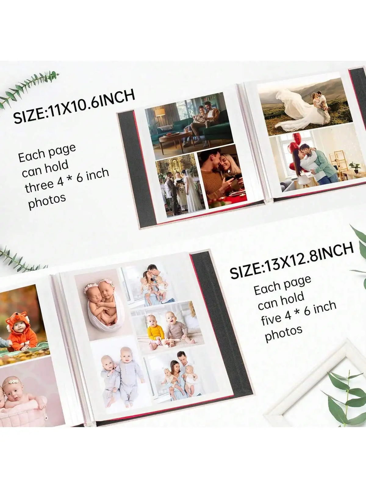 A photo album showing pages designed to hold multiple photos, with size specifications for 11x10.6 inch and 13x12.8 inch albu