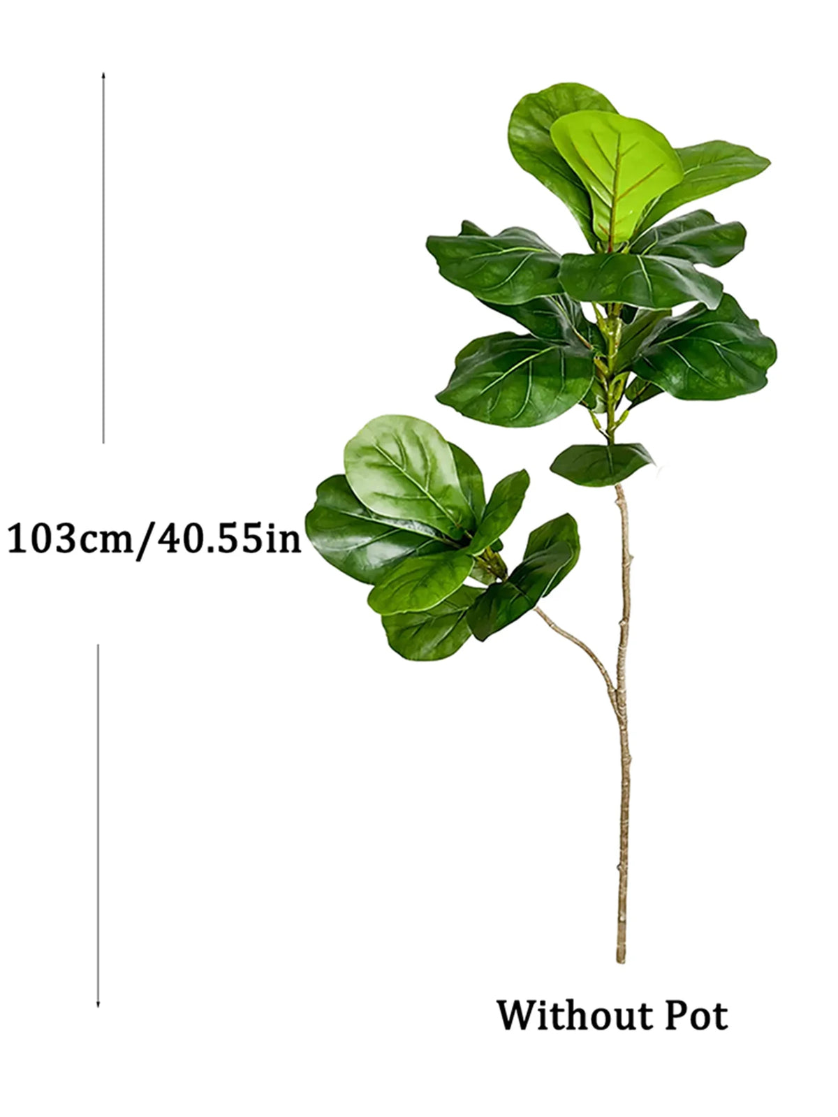 A large artificial ficus tree with green fiddle leaves shown standing without a pot, measuring 103cm/40.55in.