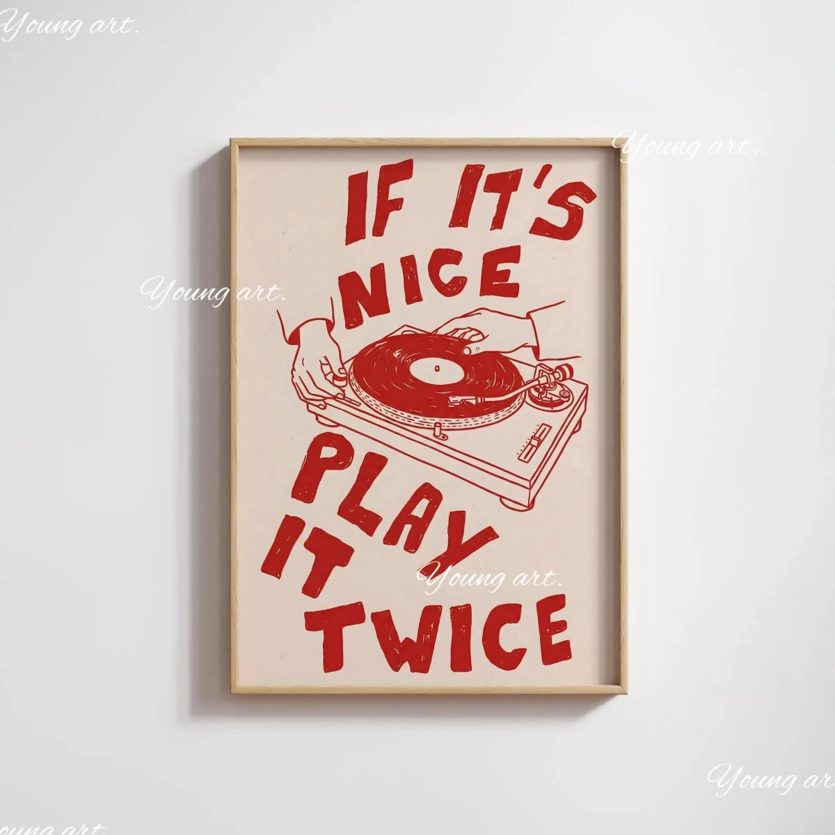 A framed canvas art print featuring a red silhouette of a hand playing a vinyl record on a turntable.