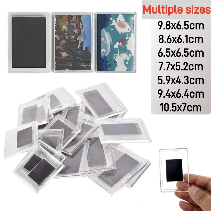 Multiple sizes of magnetic mini photo frames displayed next to a hand for scale.