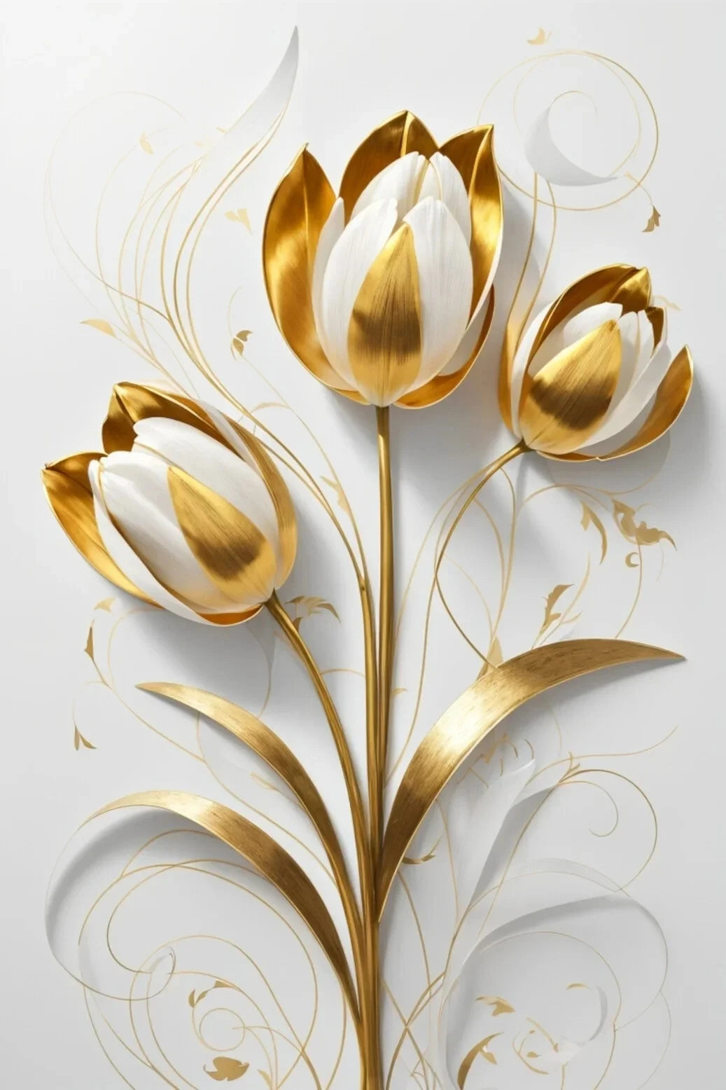 Arte floral de pared con tulipanes blancos de borde dorado y follaje
