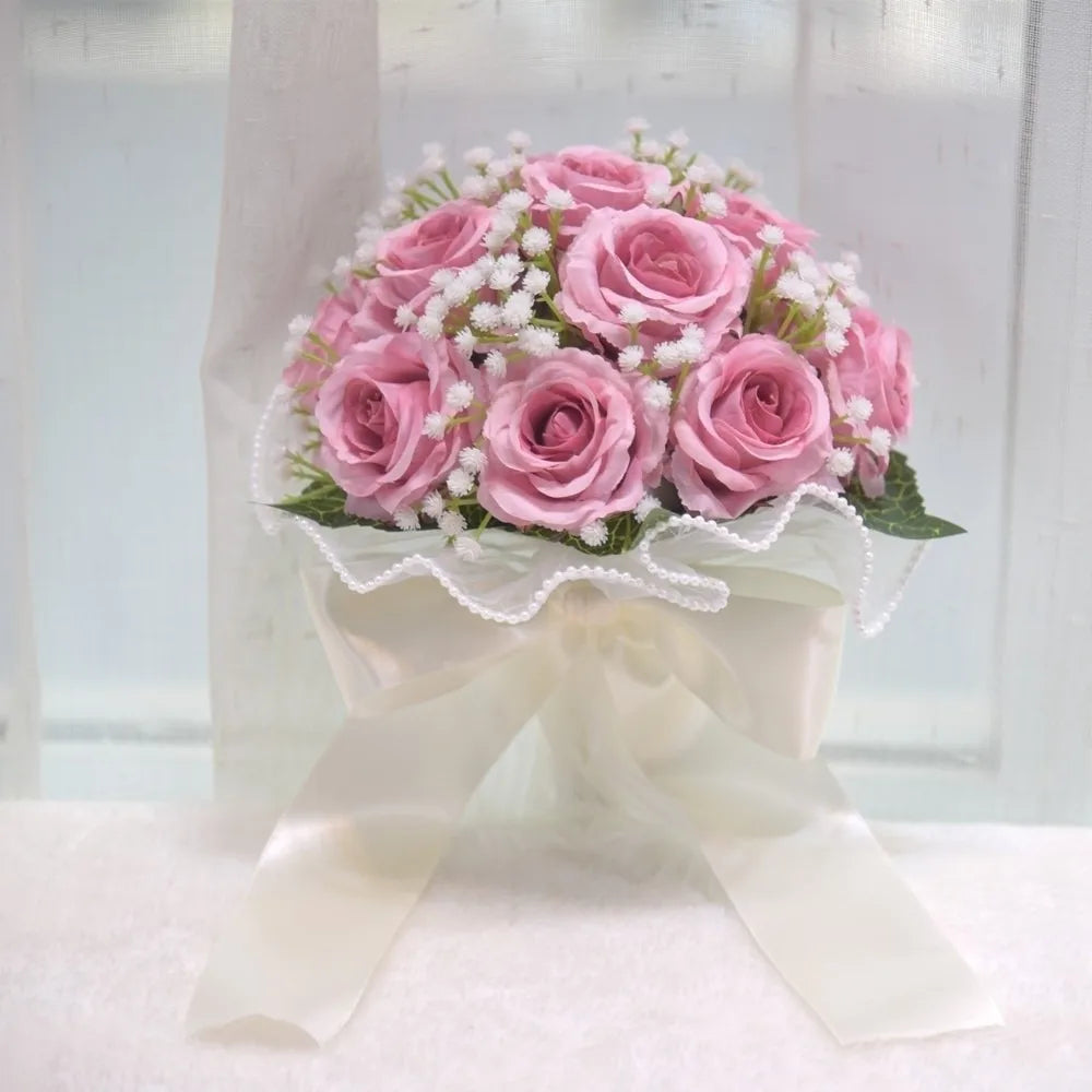 Elegant Silk Rose Bridal Bouquet with Baby's Breath