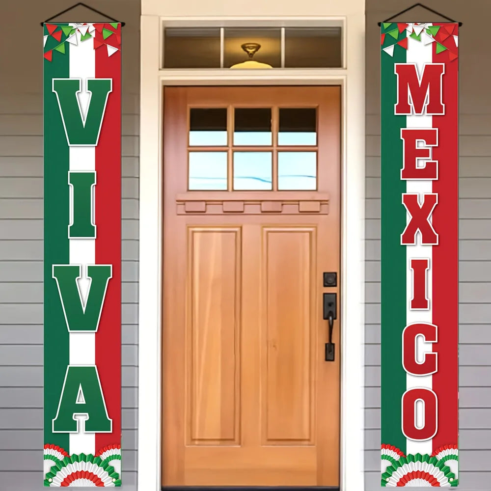 A vertical banner featuring the Viva Mexico Independence Day design with red, white, and green stripes.