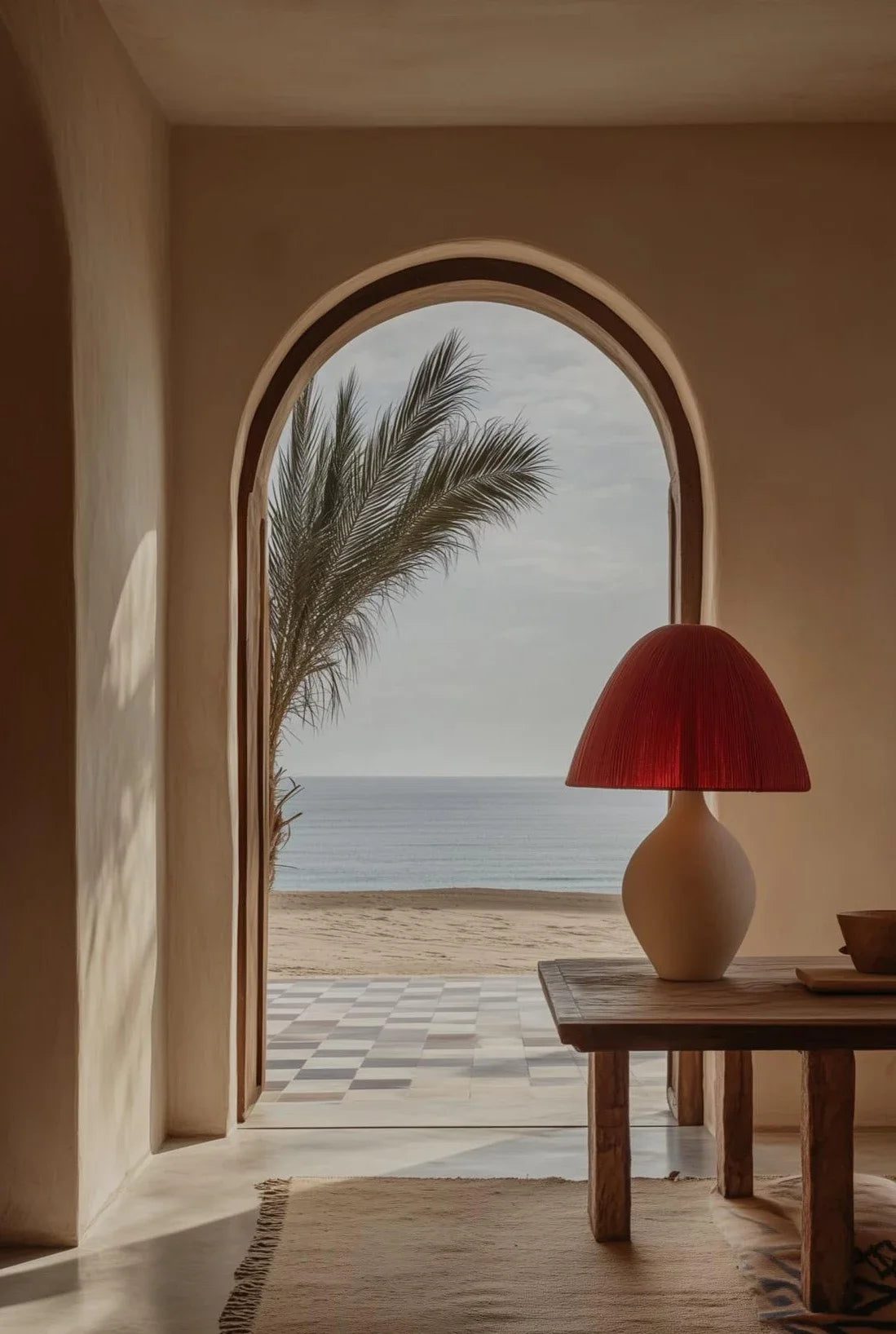 A terracotta lamp sits on a wooden table next to an arched window overlooking the sea.