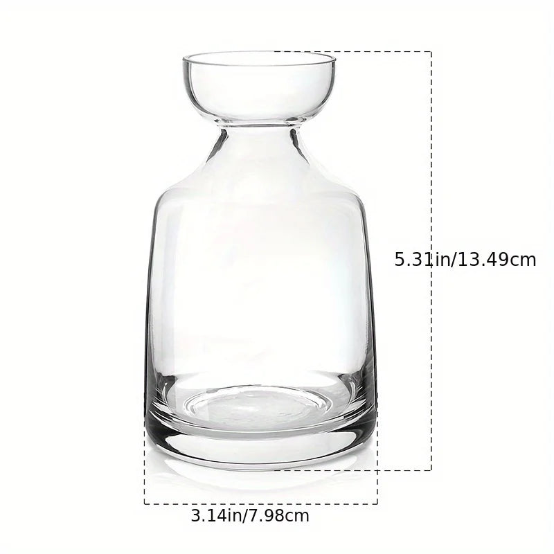 Clear glass vase for avocado seed growing kit, showing dimensions 5.31in wide and 3.14in diameter.