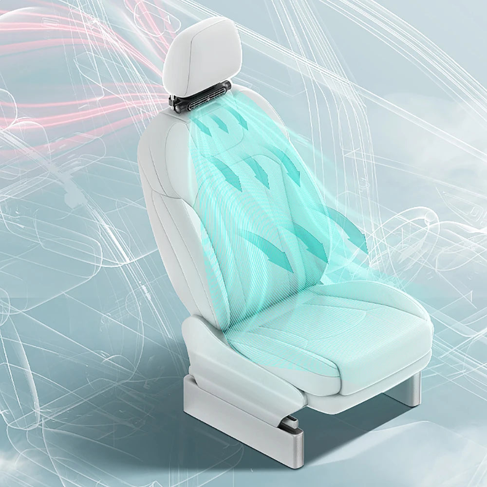 A white car seat featuring a cooling fan system with blue light effects, demonstrating the backseat cooling feature.