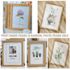A set of rustic wooden photo frames in various sizes, featuring floral and botanical prints.