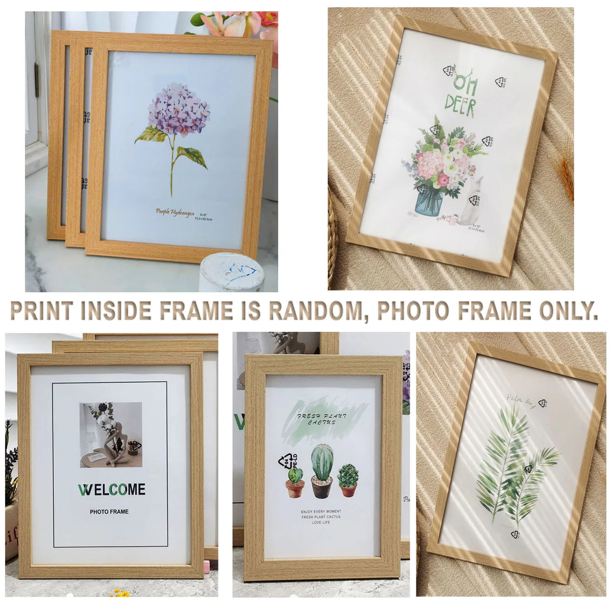 A set of rustic wooden photo frames in various sizes, featuring floral and botanical prints.