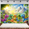 A vibrant illustration of cartoon dinosaurs in a lush Jurassic woodland setting with mountains and rainbows.