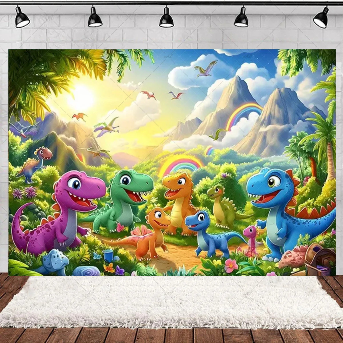 A vibrant illustration of cartoon dinosaurs in a lush Jurassic woodland setting with mountains and rainbows.