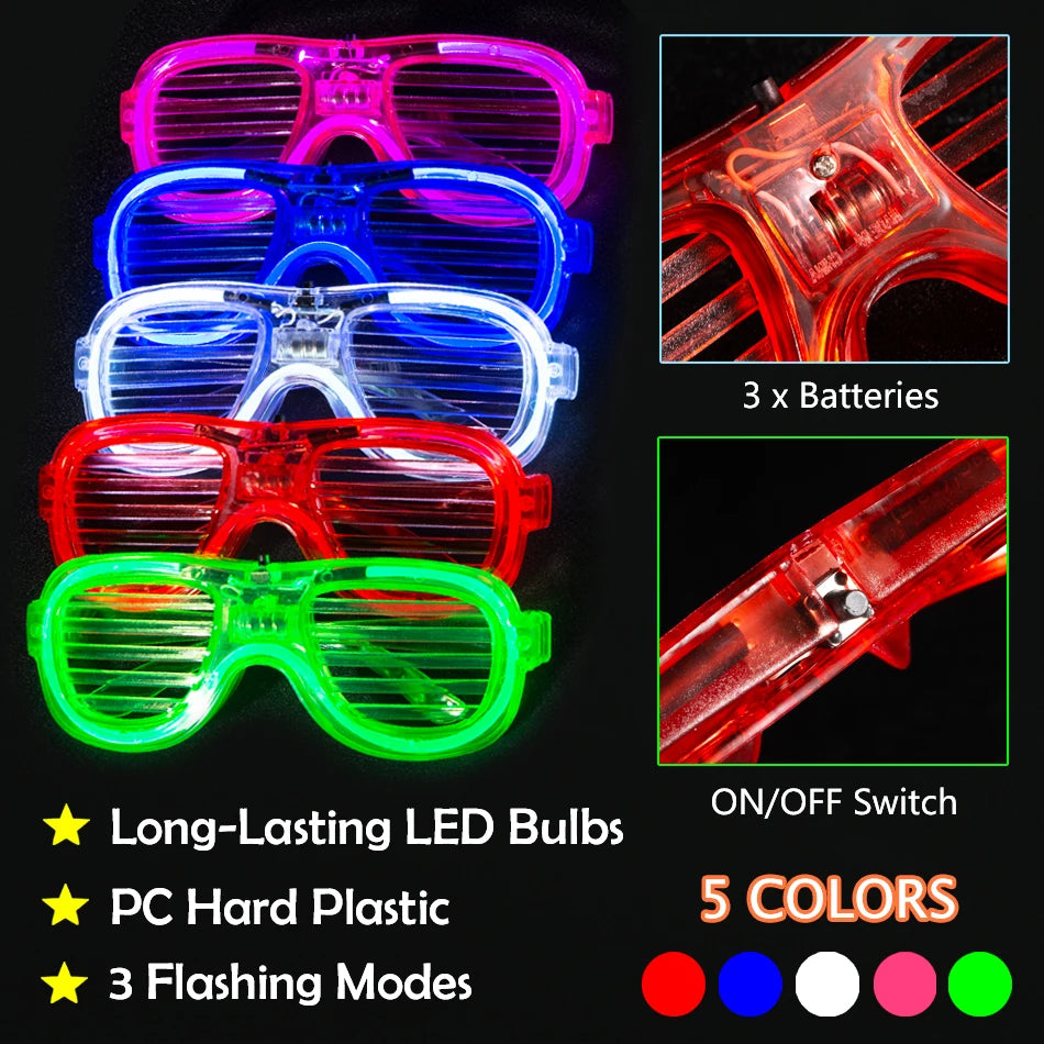 A collection of five colored LED light-up glasses with an on/off switch and flashing modes shown next to three batteries.