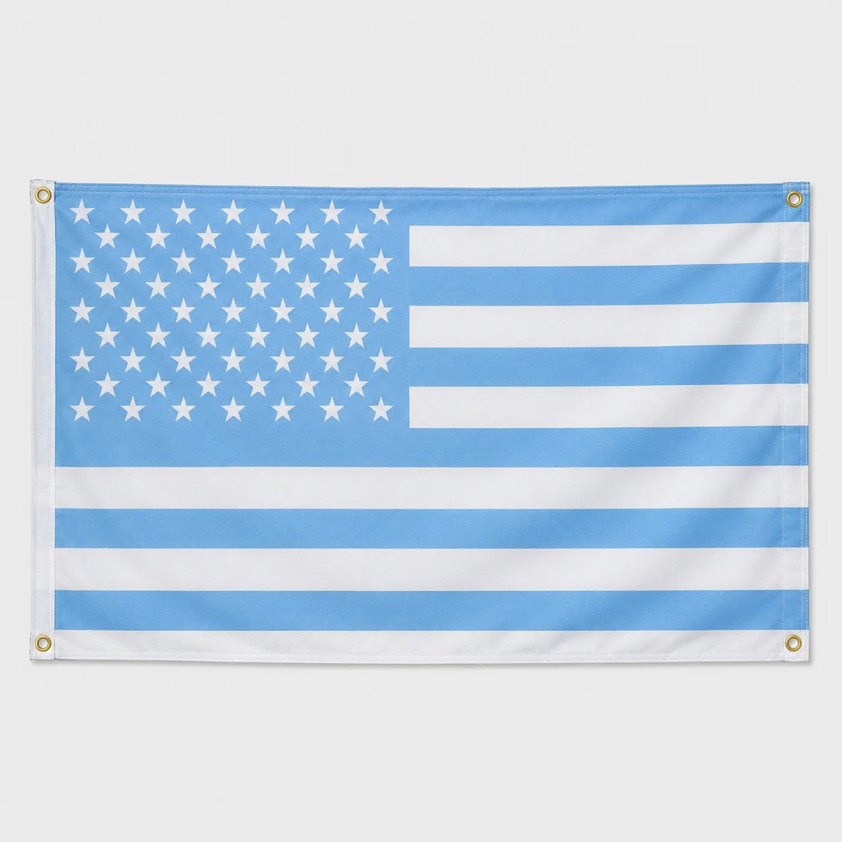 A flag design featuring the American flag stars and stripes pattern in blue and white.