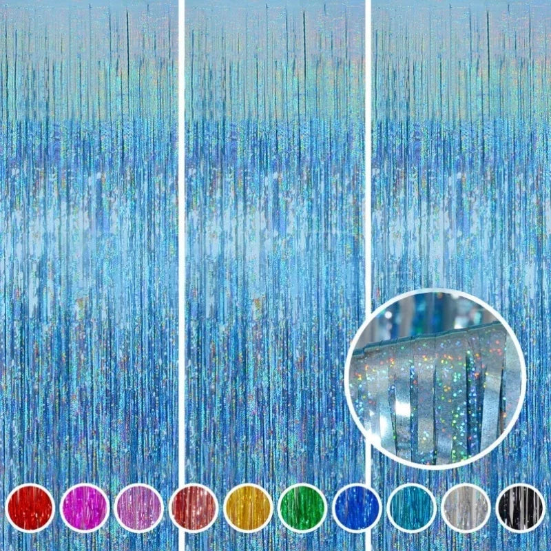 A collection of metallic foil tinsel fringe in various colors arranged horizontally.