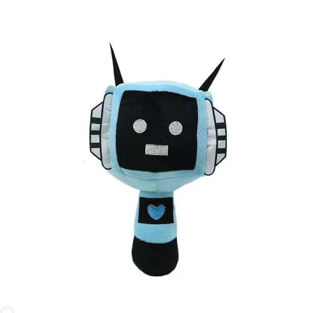 A black and light blue collectible plush toy set resembling a robot head with antennae.