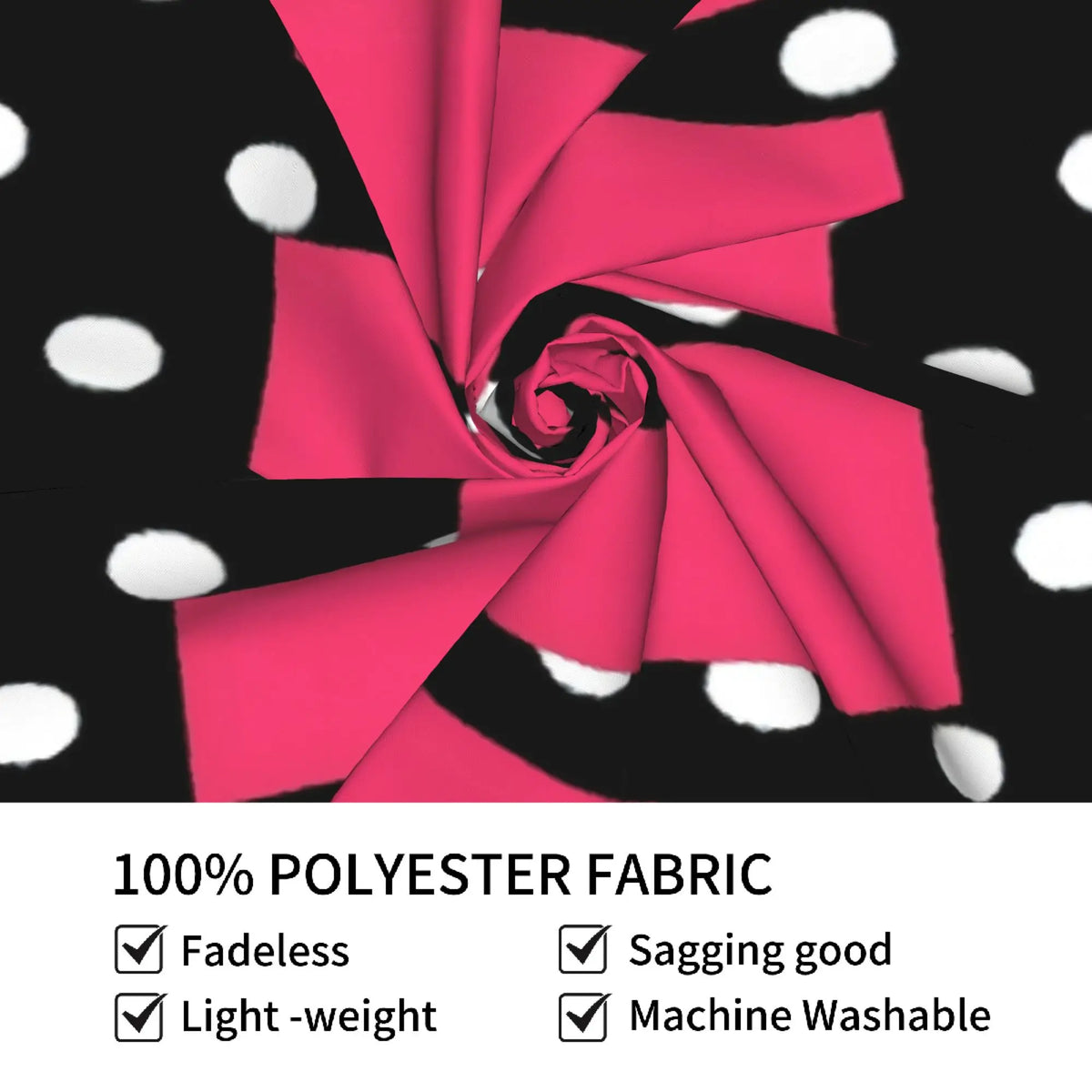 A vibrant pink polyester fabric in a rosette pattern with white polka dots.