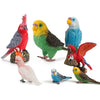 A collection of hand-painted resin parrot figurines in various colors and species.