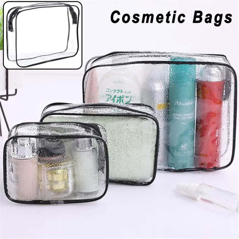 A clear waterproof cosmetic bag with a zipper containing various makeup products and skincare items.