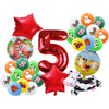 A collection of red and green balloons featuring farm animals like cows, pigs, and horses for a birthday party decoration kit