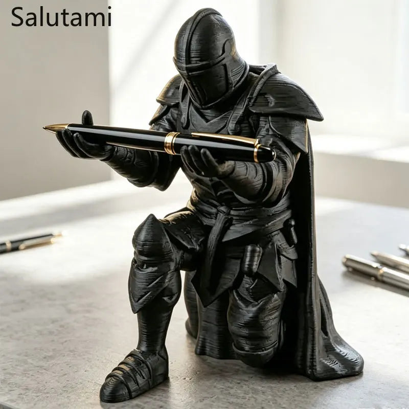 A black 3D printed medieval knight figurine holding a pen, displayed on a light surface.