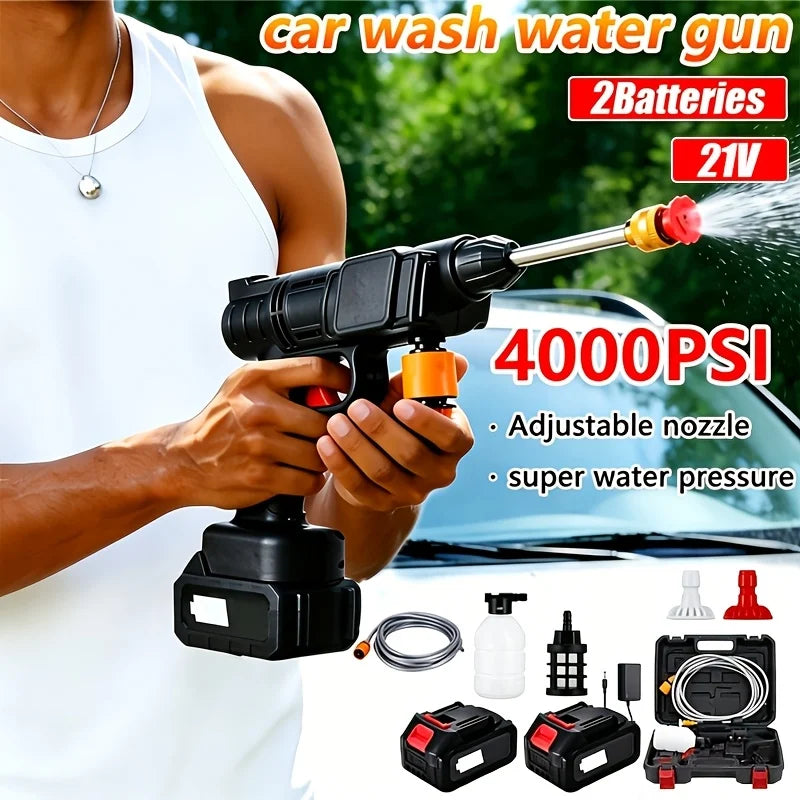 A hand holds a black car wash water gun with two batteries, demonstrating its super water pressure for cleaning.
