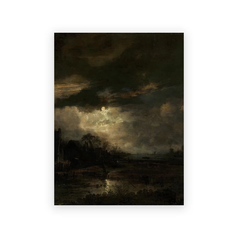 Peinture dramatique d'un paysage sombre avec une pleine lune perçant des nuages orageux sur un champ sombre.