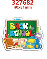 A sticker featuring the text BACK to SCHOOL on a green background with colorful school supplies like pencils and an apple.