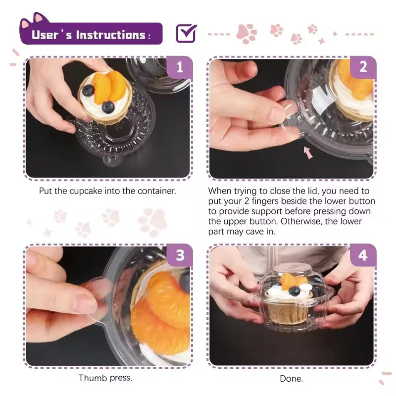 Instructions for using a plastic cake box with a lid, showing steps to put the cupcake in and close the container.