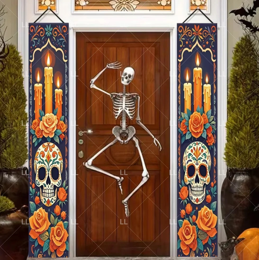 A vertical porch banner featuring a Mexican skull and crossbones design with orange roses and floral motifs.
