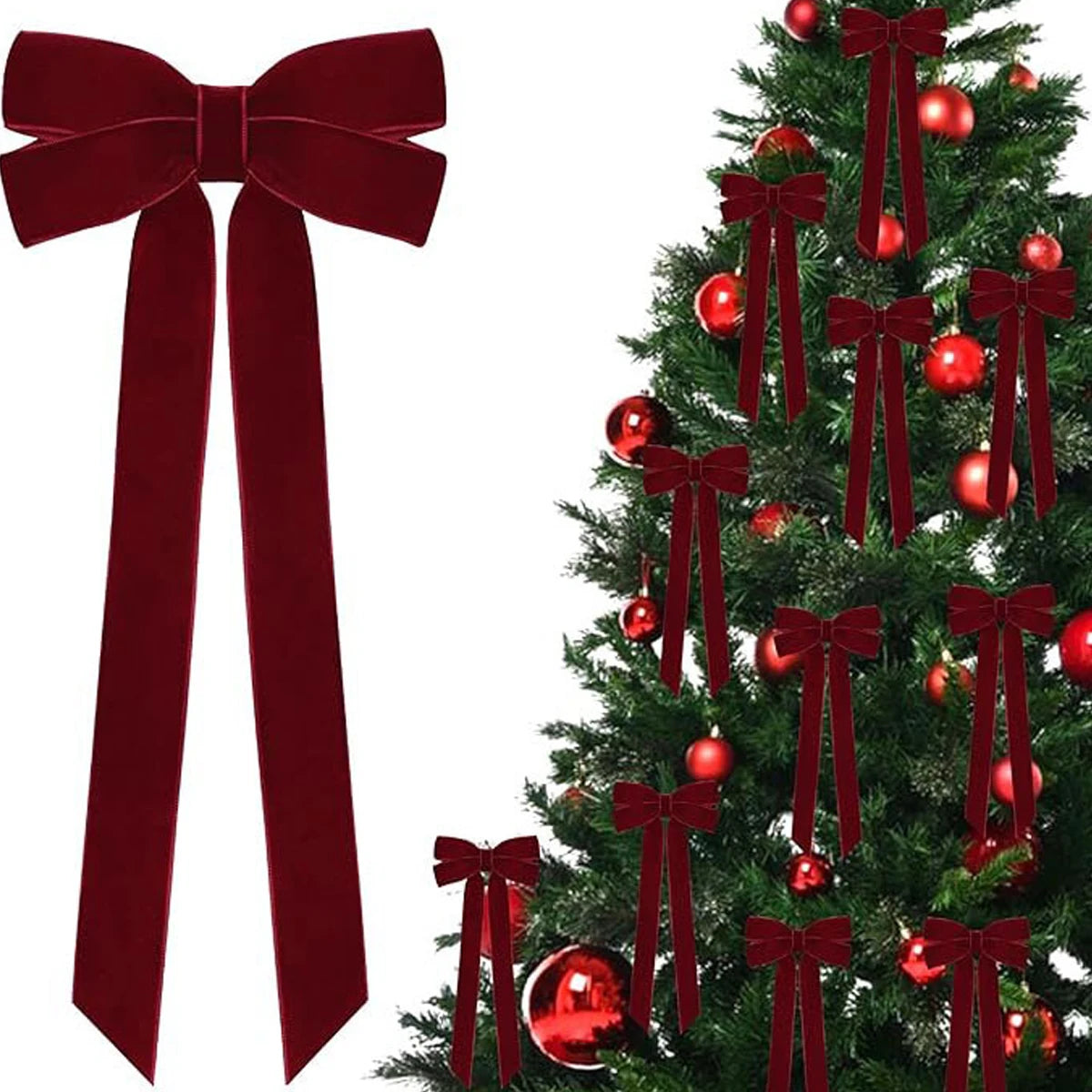 A set of velvet red Christmas bows for decorating holiday trees and wreaths.