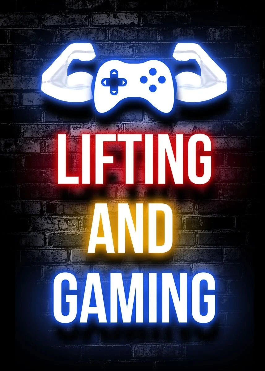 Neon sign displaying 'LIFTING AND GAMING' with a white gamepad icon on a brick wall background.