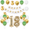 A set of green and gold birthday balloons and banner for an adult celebration.