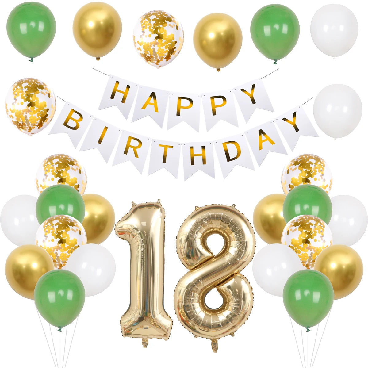 A set of green and gold birthday balloons and banner for an adult celebration.