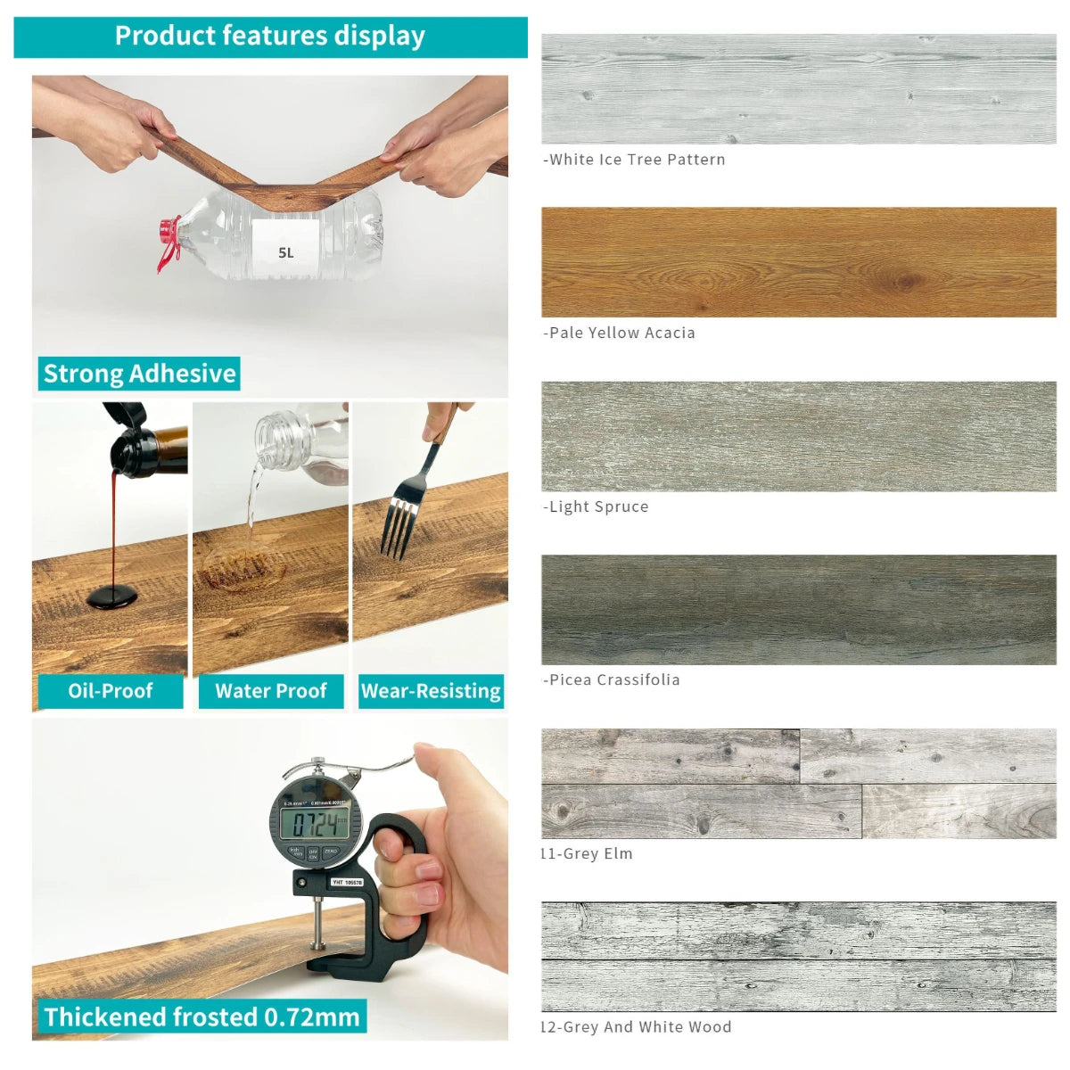 Display of wood grain self-adhesive decals showing various finishes like White Ice Tree Pattern, Pale Yellow Acacia, and Ligh