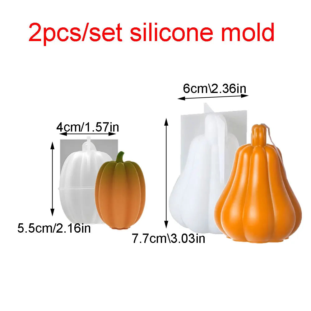 A set of two silicone molds shaped like pumpkins, showing various sizes and dimensions.