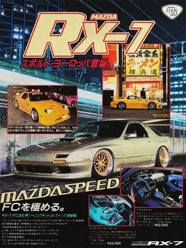Mazda RX-7 racing poster featuring a yellow sports car and technical details.