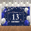 A dark blue party backdrop banner featuring a large silver number 13 and sparkling stars and bunting.