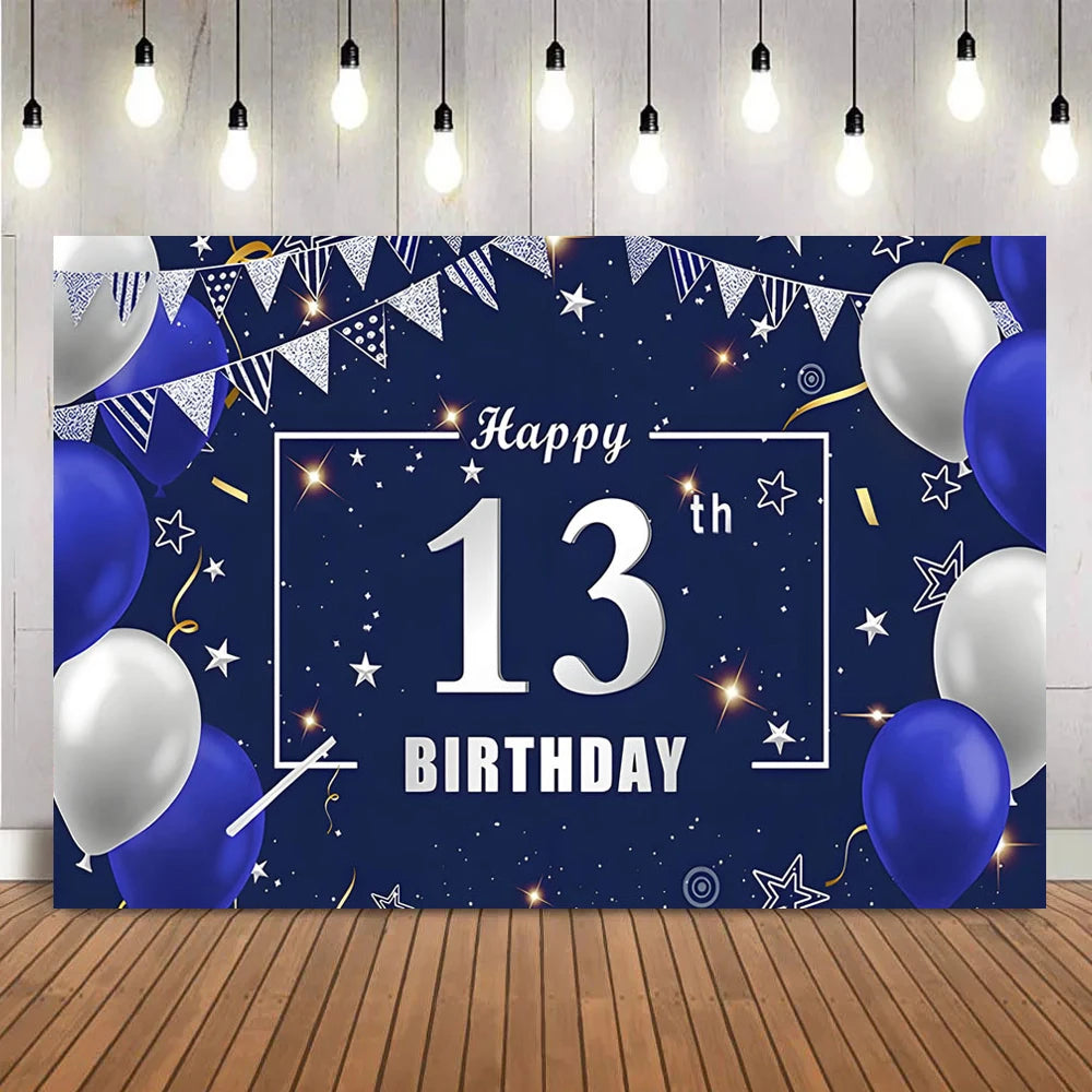 A dark blue party backdrop banner featuring a large silver number 13 and sparkling stars and bunting.